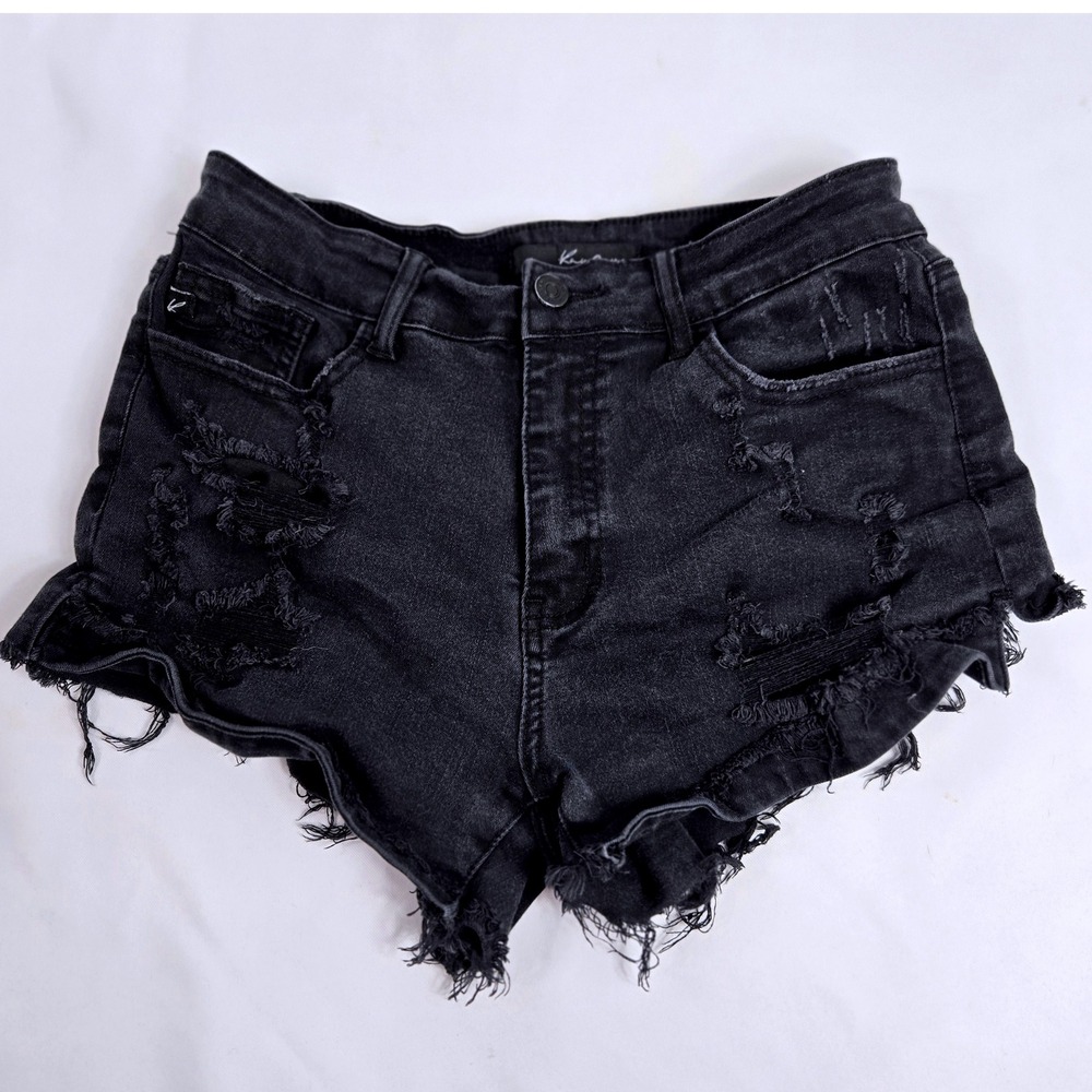 KanCan Distressed Denim Shorts Black Wash Frayed Hem Juniors Size 28 Y2K‎ Summer